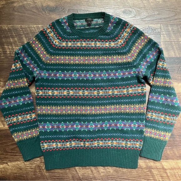 J. Crew 100% Lambswool green fair Isle Nordic pullover sweater small - Picture 1 of 10